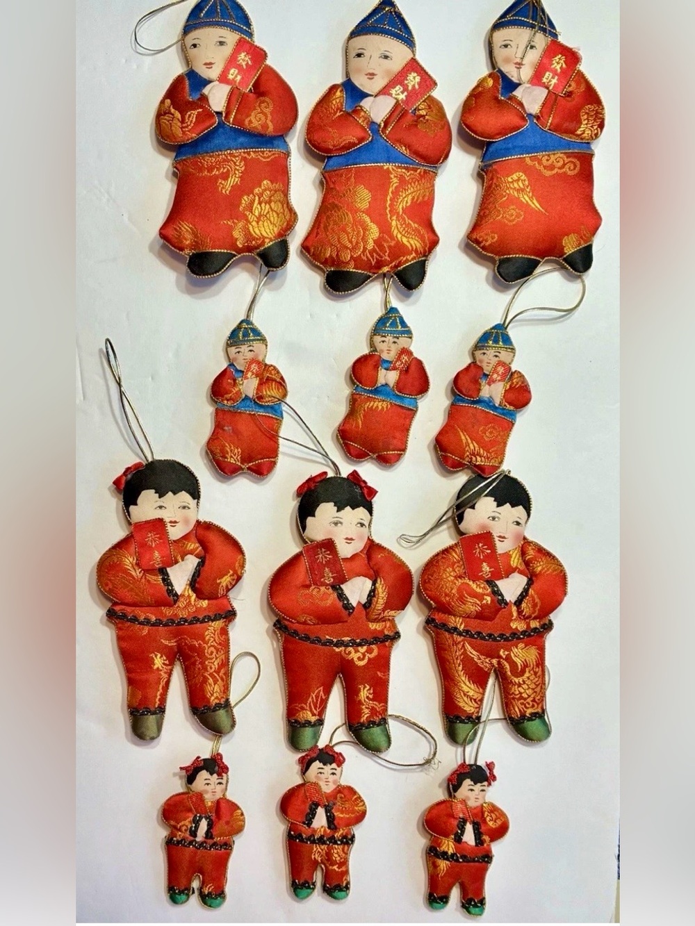 Vintage Chinese Silk Hang Ornaments Lot of 12 Asian Children Double Sided Flat